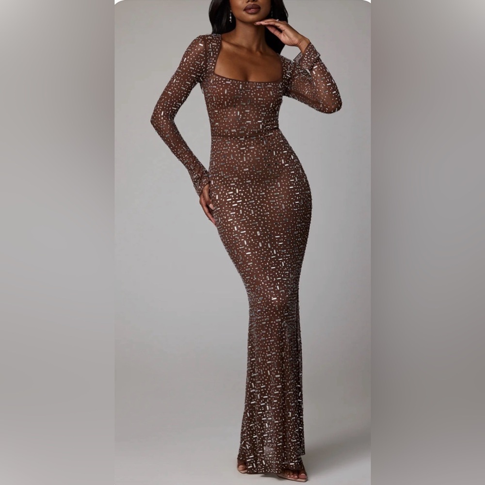 Oh Polly Isabeau  Sheer Embellished Long Sleeve Evening Gown in Deep Cocoa, 6